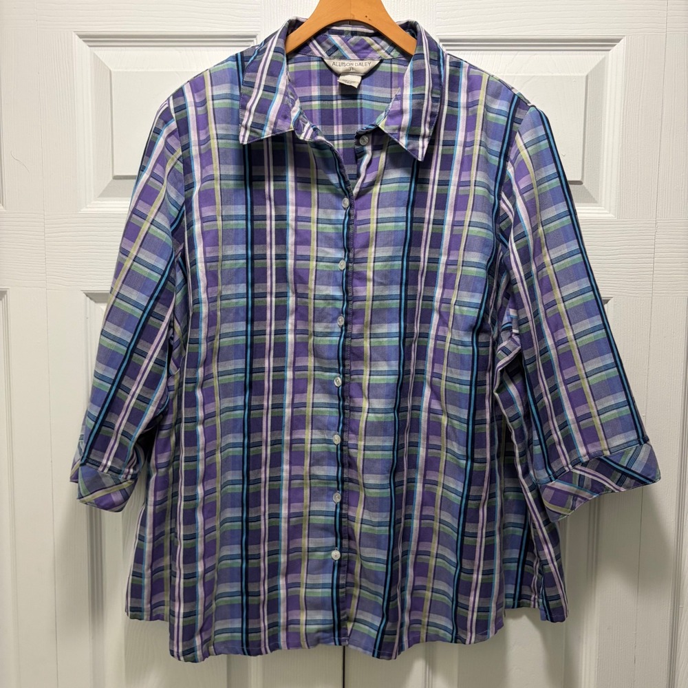 Allison Daley Womens 22W Purple Plaid Button Down Shirt 3/4 Sleeve Plus Size